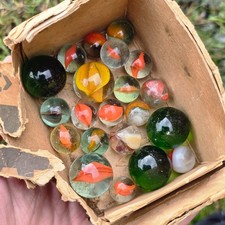 Antique Boxed lot of Glass Marbles Vintage Toy