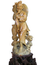 Vintage Chinese Carved Stone Figurine Statue Laughing Man with Fish Fisherman