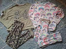 Two Pairs Of M&S Girls' Pyjamas, Leopard & Rainbow Print, Size 7-8