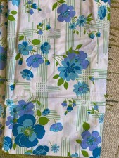 Vintage Blue Floral Huge Flat Sheet 60s 70s Fabric Retro flower power 