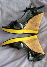Ladies Nicole Farhi Size 5 Black And Yellow Cork Wedge Shoes | Party | Wedding