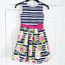 Jona Michelle Party Dress Size 8 Girls Floral Striped Sleeveless Navy White VGC