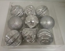 Silver Christmas Baubles Set of 9 Ornaments Glitter Boxed - NEW