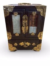 Vintage Chinese Musical Jewelry Box with Jade and Etched Brass, Broken Jade Fnt