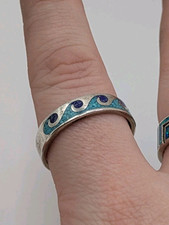 Mens Sterling Silver Native American Turquoise Inlay Wave Ring Size Y