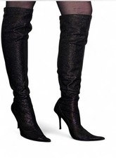 vintage SEXY Over Knee Black Glitter Stretch Gold Leather Sole Y2K BOOTS worn 90