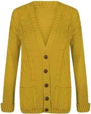 Women Ladies Cable Chunky Knit Cardigan Button Long Sleeves Grandad Cardigan