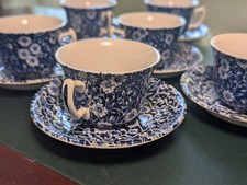 Six Burleigh Calico Blue tea cups & saucers – Excellent Condition