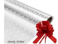 WHITE DOT CELLOPHANE GIFT WRAP + BOW  BOUQUET HAMPER CHRISTMAS FLOWERS CANDLES