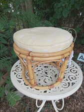 1970's Round Cane Bamboo Tiki Boho Cushioned Stool Footstool