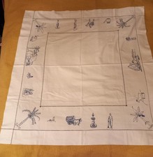 Vtg Hand Embroidered Cotton Indian Tablecloth 44 By 47 Inches Ethnic Farmhouse