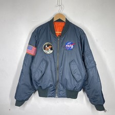 Vintage Mil-Tec MA-1 Jacket Mens M Blue Bomber NASA Apollo USA Flag Patch Flyers