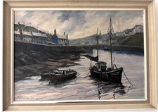 Large vintage oil painting Fishing Village framed signed A. Davis