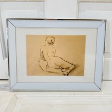 Vintage Nude Study Print Classical Sketch Style Female Figure Chrome Edge Frame 