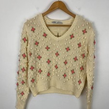 Zara Pom Pom Knit Jumper Small Cream Floral Bobble Cottagecore Granny Retro