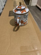 Trade Aid Miniature Enamel Teapot, No 1066, light blue, birds and leaves