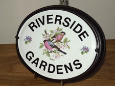 Ceramic House Name Plaque RIVERSIDE GARDENS on Wooden Plynth