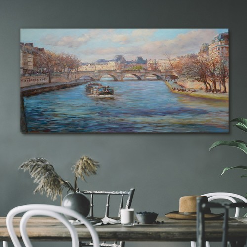 Painting city buildings river - painting,