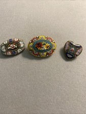 3  Vintage Micro Mosaic Brooch Pins Italian ITALY Colorful Glass Tiles