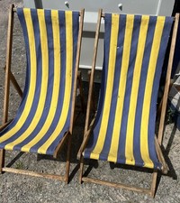 2 x Vintage Wooden Folding Striped Cotton Garden Sun Lounger Deck Chairs Retro