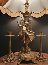 Vintage Brass Lamp with Cherub Sculpture with pair of brass candlesticks