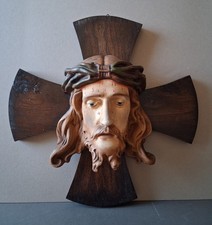 VINTAGE JESUS HEAD ON OAK CROSS / PLASTER / POLYCHROME / GOTHIC / CURIO
