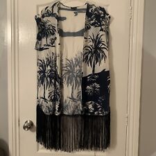 LADIES RIVER IS KIMONO STYLE TOP/JACKET SIZE UK 10 - CREAM & NAVY WITH FRINGING