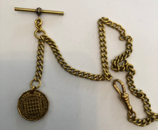 vintage type solid brass single albert pocket watch chain three pence 3d  fob