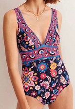 Boden Porto V-Neck Swimsuit Blue Red Size 16 Long Non Wired Padded Deep Plunge