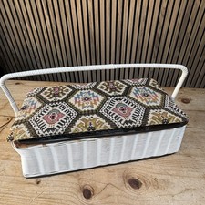 Large Vintage 50s  MCM Geometric Tapestry Sewing Basket Box Craft Box