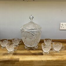 Lovely Cut Glass Large Punch Bowl and 6 Glasses peach & apple etched