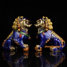 A Pair Chinese Cloisonne Gilded Bronze Lion Statue Fengshui Foo Fu Dog Guardion