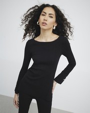 River Island Womens Tunic Top Black Crew Neck Fitted Long Sleeve Blouse Top