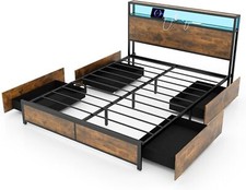 Double Size Bed Frame Metal Bed Platform LED Lights Headboard & 4 Storage Drawer