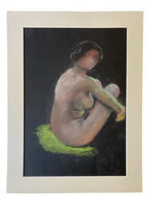 Vintage Original Female Nude Drawing Pastel Naked Woman Figure Sitting Lady