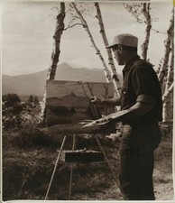 Artist with easel painting landscape antique art photo