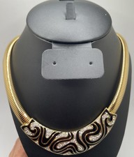 Vintage Trifari Gold Tone Omega Rhinestone Black Enamel Necklace 17” NWT