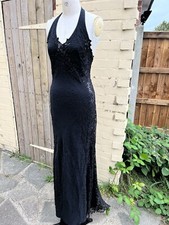 SAGAIE BLACK BEADED LACE DRESS PROM HALTER NECK FITTED TRAIN SIZE 12 TRANSPARENT