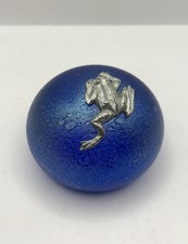 Heron Glass Iridescent Blue Paperweight with a Frog