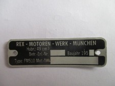 Nameplate plate vintage Rex engines 49ccm FM 510 moped engine Fichtel F&S? S44