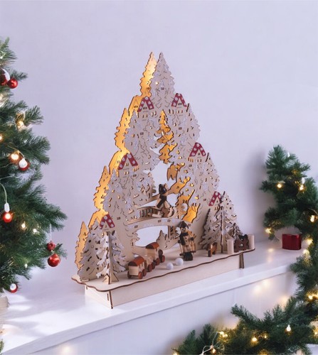 Wooden lightup festive scene - wooden,