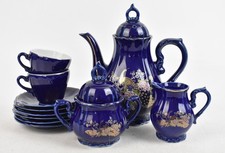 Vintage Cobalt Blue Gold Fenix Bird Floral Design Porcelain Tea Set Teapot Cups 