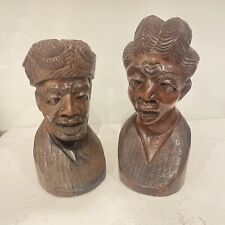 African Hand Carved Wooden Male & Female Figures Heads Busts Bookends Display