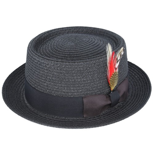 Black straw summer porkpie - black,