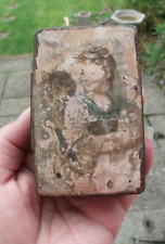 ANTIQUE PAPIER MACHE SNUFF BOX WORN PICTURE OF YOUNG LADY AND DOG STILL LOVELY