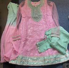 Ladies Rupali Indian Pink With Green Floral Churidar Suit Dress Size Medium M