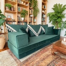 Modular Green Velvet Floor Sofa Set - Bohemian Lounge Seating, Arabic Majlis