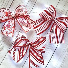 3 x Wired Red and White Candy Cane Striped Ribbon Christmas Tree Bows Decoration
