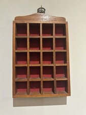Vintage Medium Dark Wood Wall Hanging Trinket Display Case Red 20 Compartments