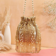 Handbag With Heavy Golden Work and Woven Tassels for Indian Wedding Potli Bag SW